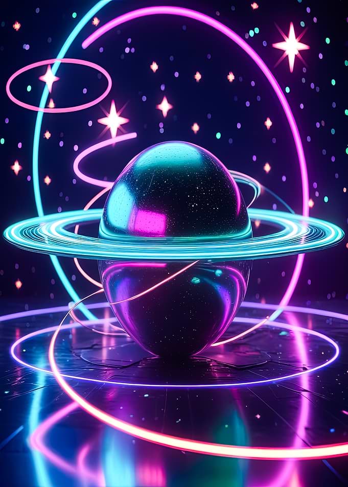 Neon Planet with Rings and Stars
