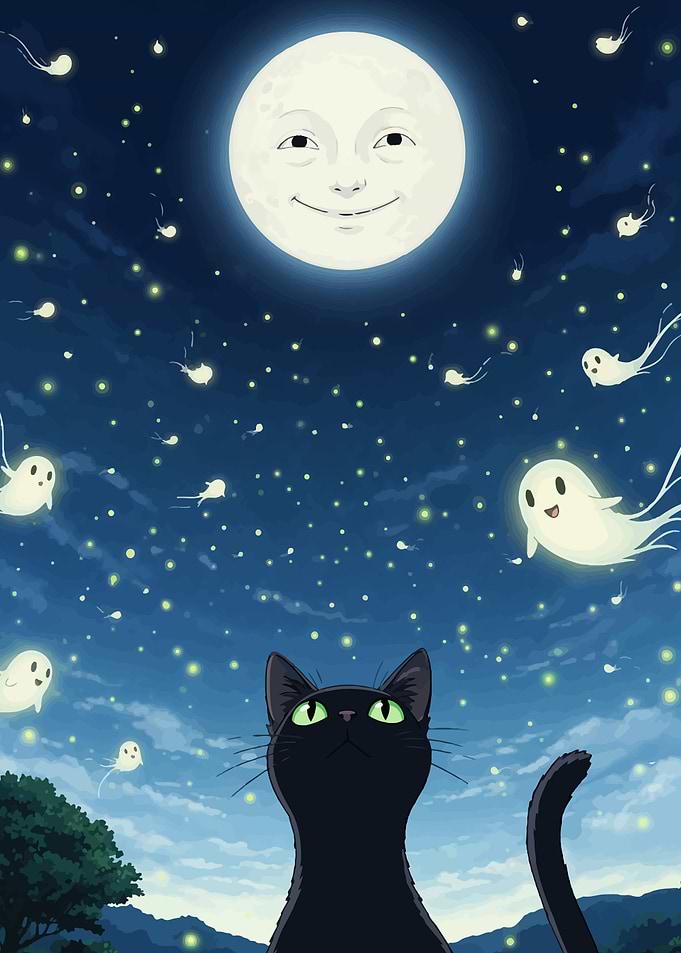Black Cat, Moon, and Ghosts