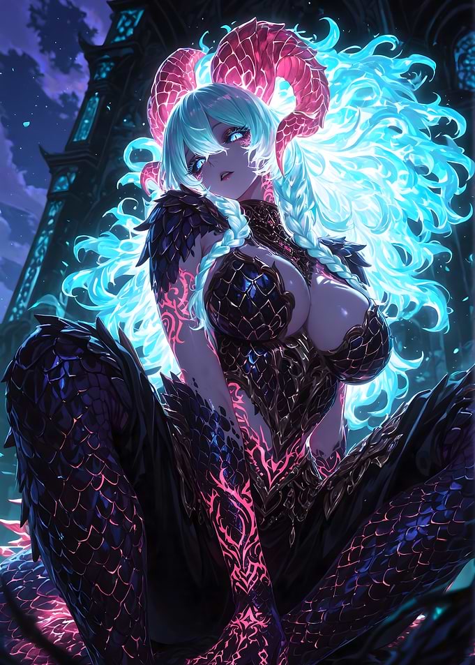 Horned Demon Girl with Glowing Hair