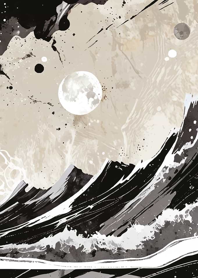Monochromatic Moonlit Ocean Wave Painting