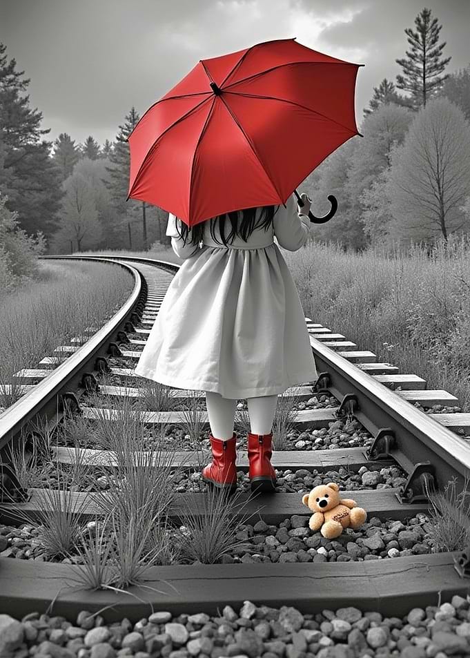 Girl with Red Umbrella on Railroad