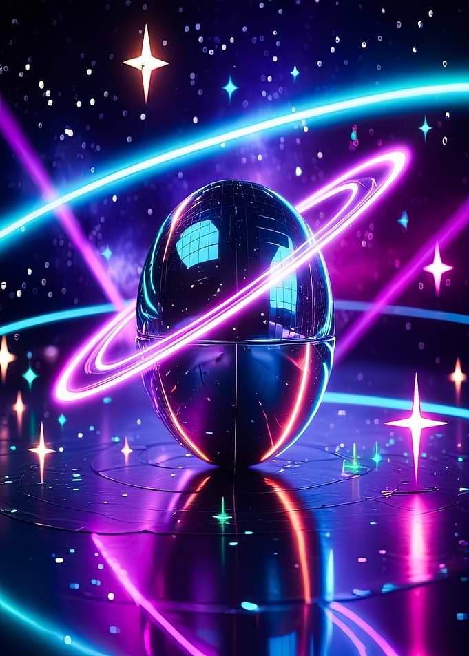 Neon Planet with Rings in Space