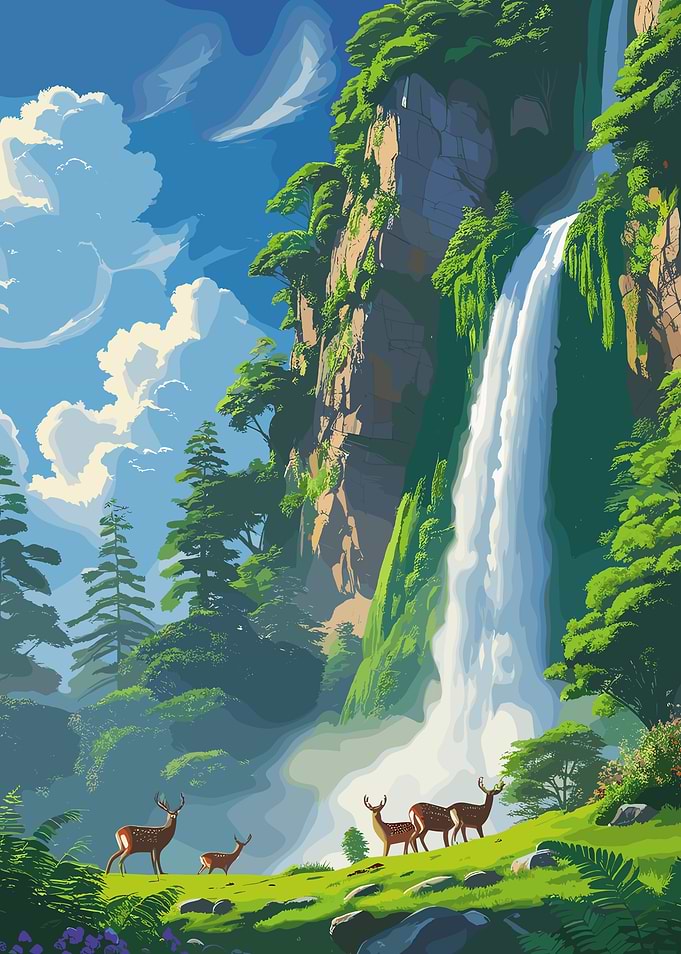 Waterfall Landscape with Deer