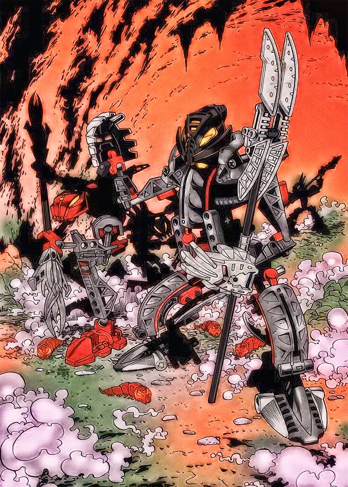Bionicle Robot Figures in Orange Landscape