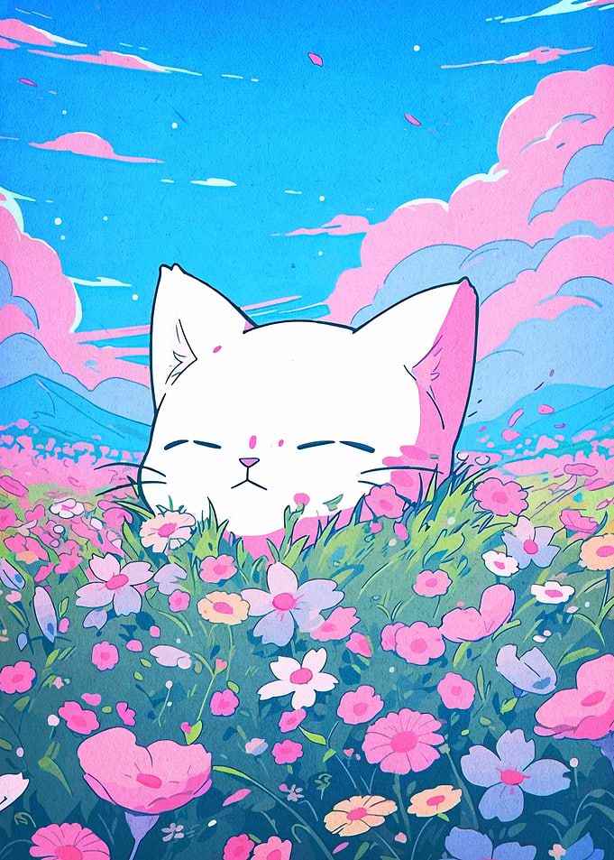 White Cat in Flower Field