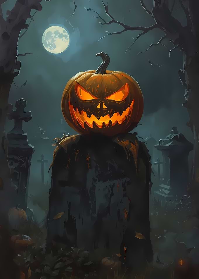 Halloween Pumpkin Scarecrow in Graveyard