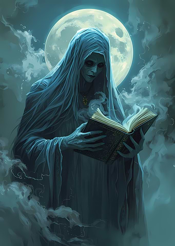 Ghostly Figure Reading Book Under Moonlight