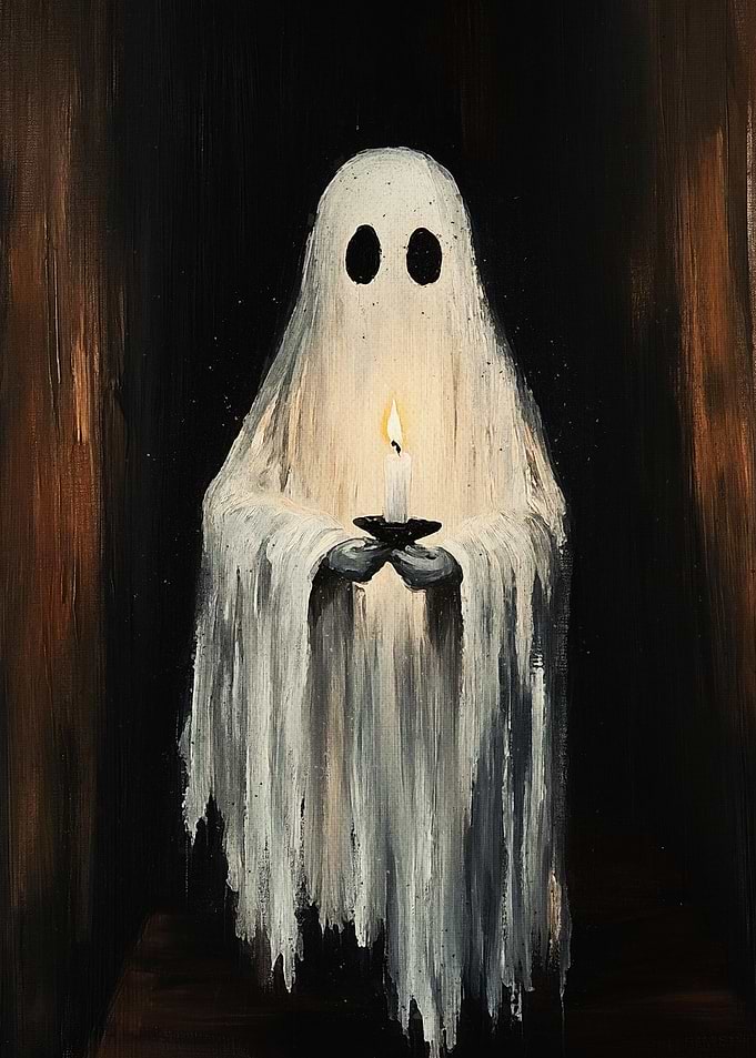 Ghost Holding Candle in Dark Painting