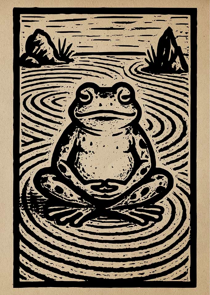 Meditating Frog Linocut Print