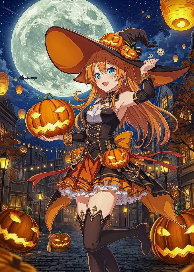 Anime Witch with Pumpkins Halloween Night