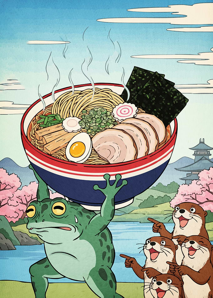 Frog Carrying Ramen Bowl Otters