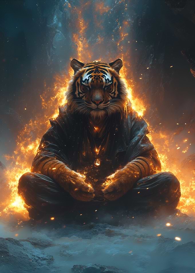 Meditating Tiger engulfed in flames