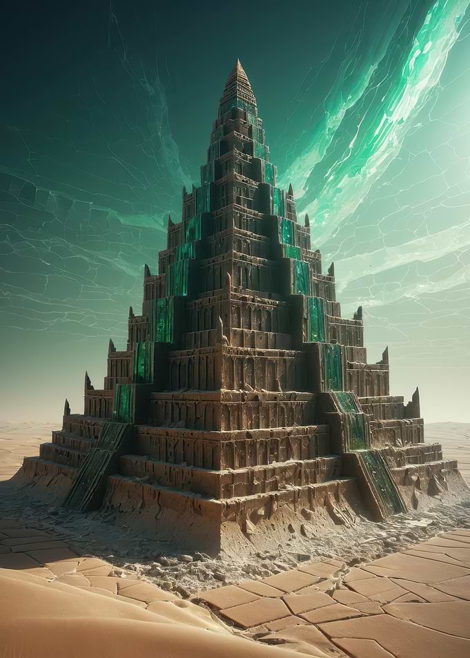 Emerald Ziggurat — Desert Pyramid with Glowing Crystal Veins