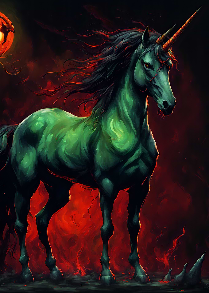 Halloween Emerald Unicorn in Fiery Abyss