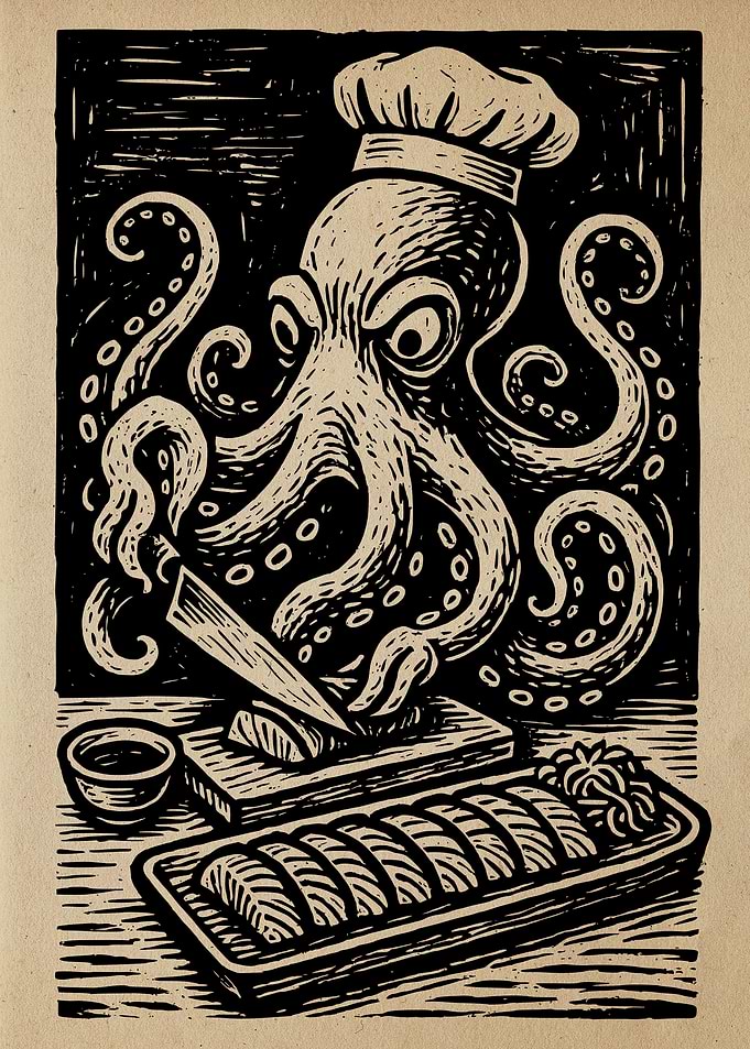 Octopus Chef Preparing Sushi Woodcut Art