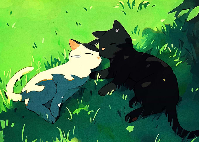 Two Cats Resting in Green Grass