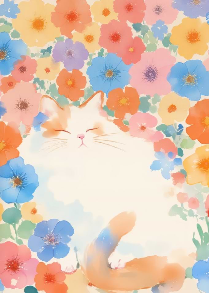 Cat in Floral Watercolor Illustration