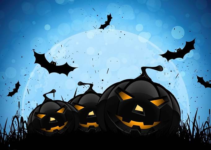 Halloween Pumpkins with Bats and Moon