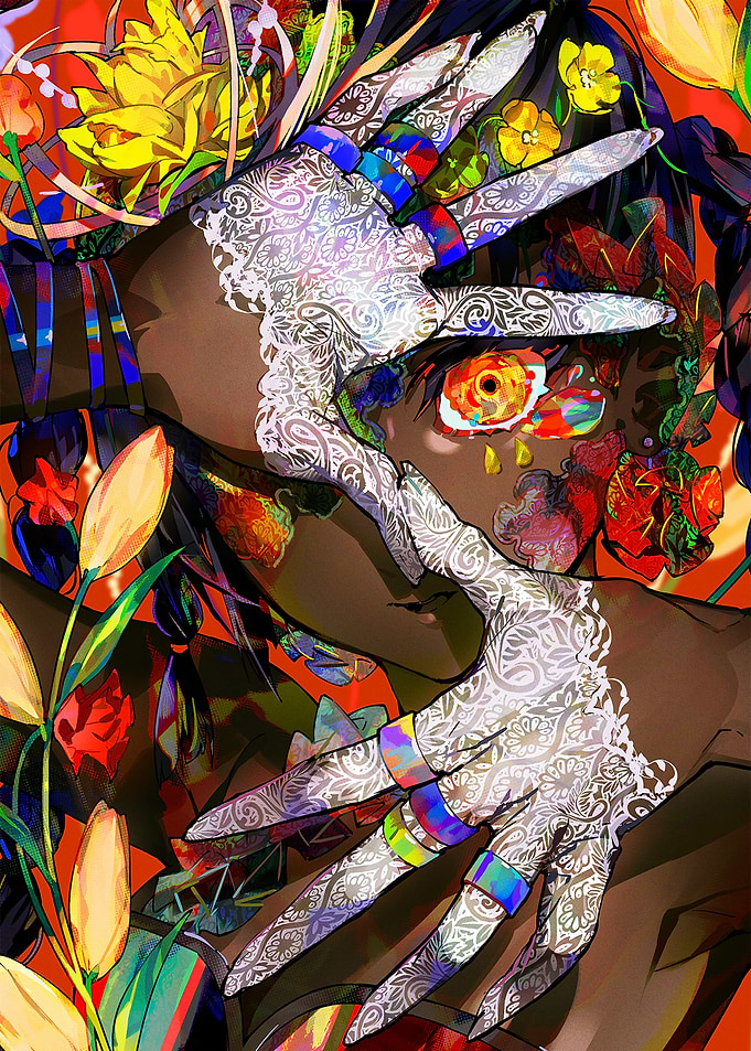 Floral Figure with Patterned Hands