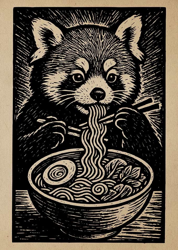 Red Panda Eating Ramen Illustration