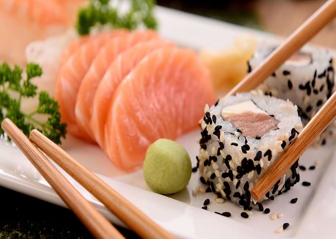 Sushi and Sashimi on White Plate