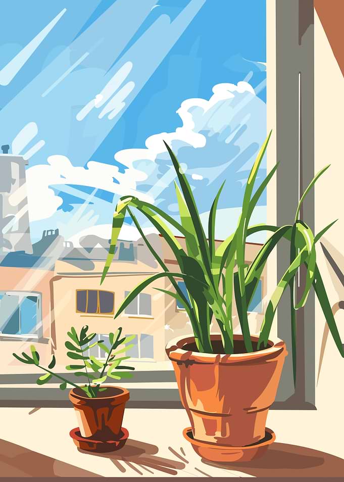 Plants on a windowsill with city view