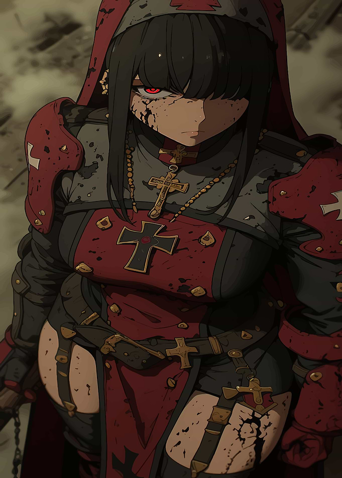 Anime Nun Warrior with Red Eyes