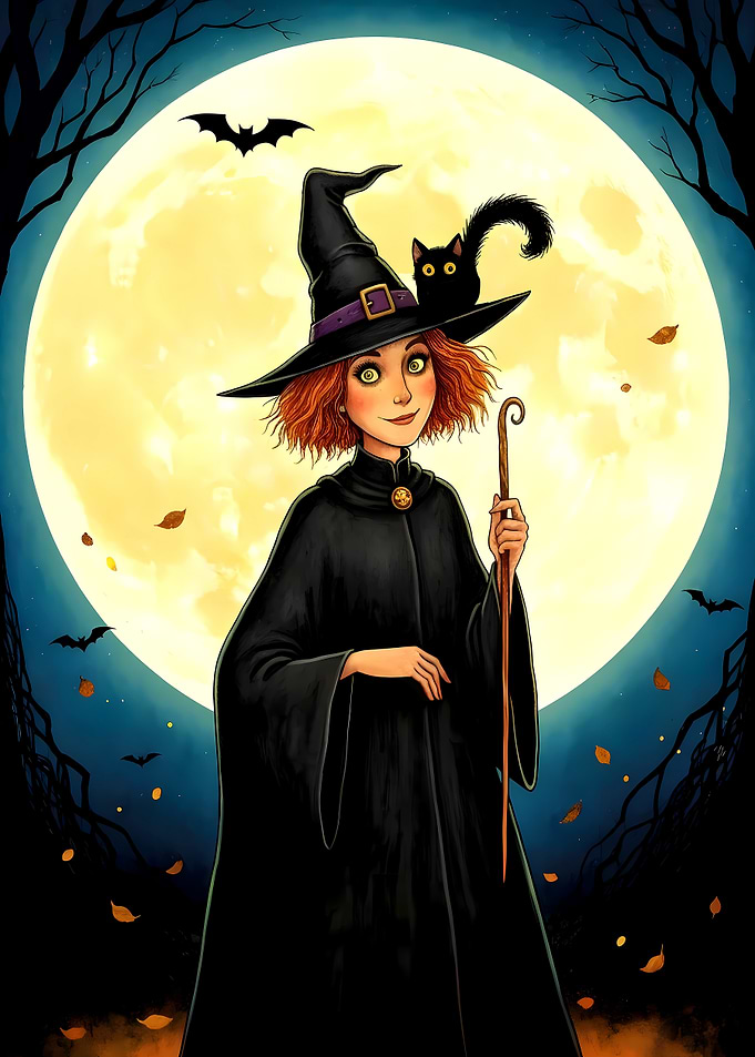 Halloween Witch with Black Cat and Full Moon