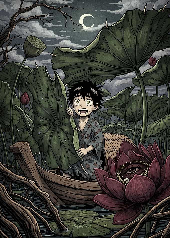 Boy Boat Lotus Flowers