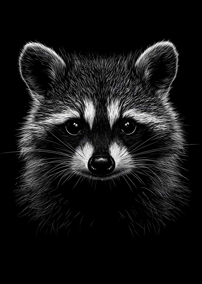 Monochrome Raccoon Portrait on Black Background