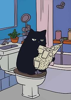 Cat reading newspaper on toilet
