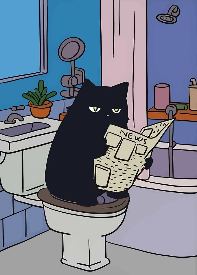 Cat reading newspaper on toilet