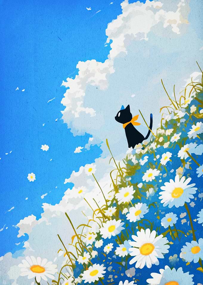 Black cat in a daisy field