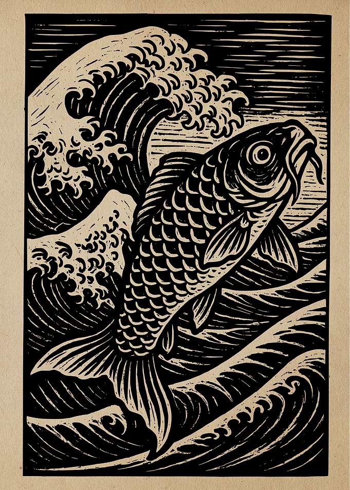 Koi Fish and Waves Woodcut Print