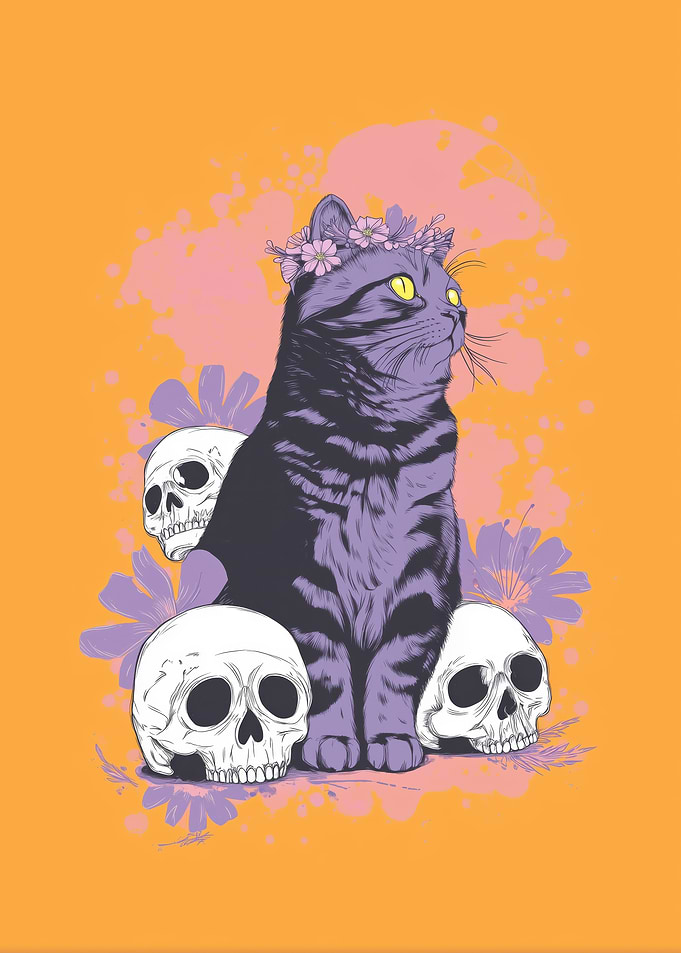 Cat with Skulls and Flowers