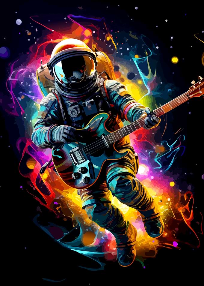Astronaut playing guitar in space art