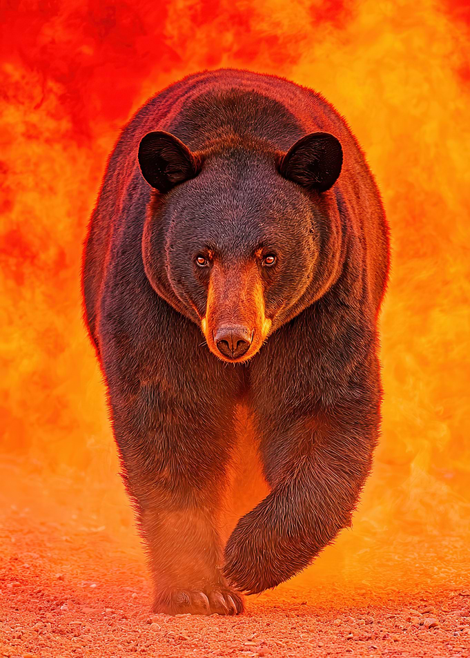 Bear Walking Against Fiery Background