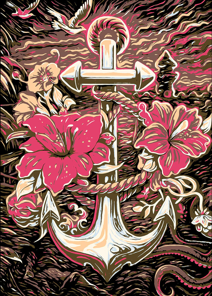 Anchor with Flowers and Birds Illustration