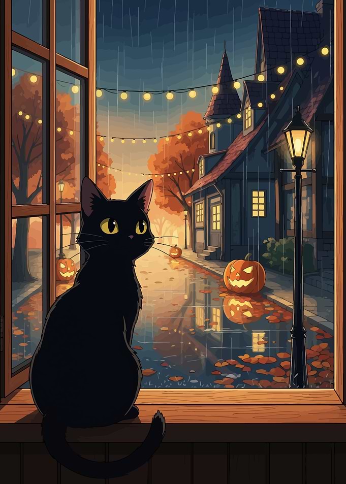 Black Cat Halloween Rainy Day