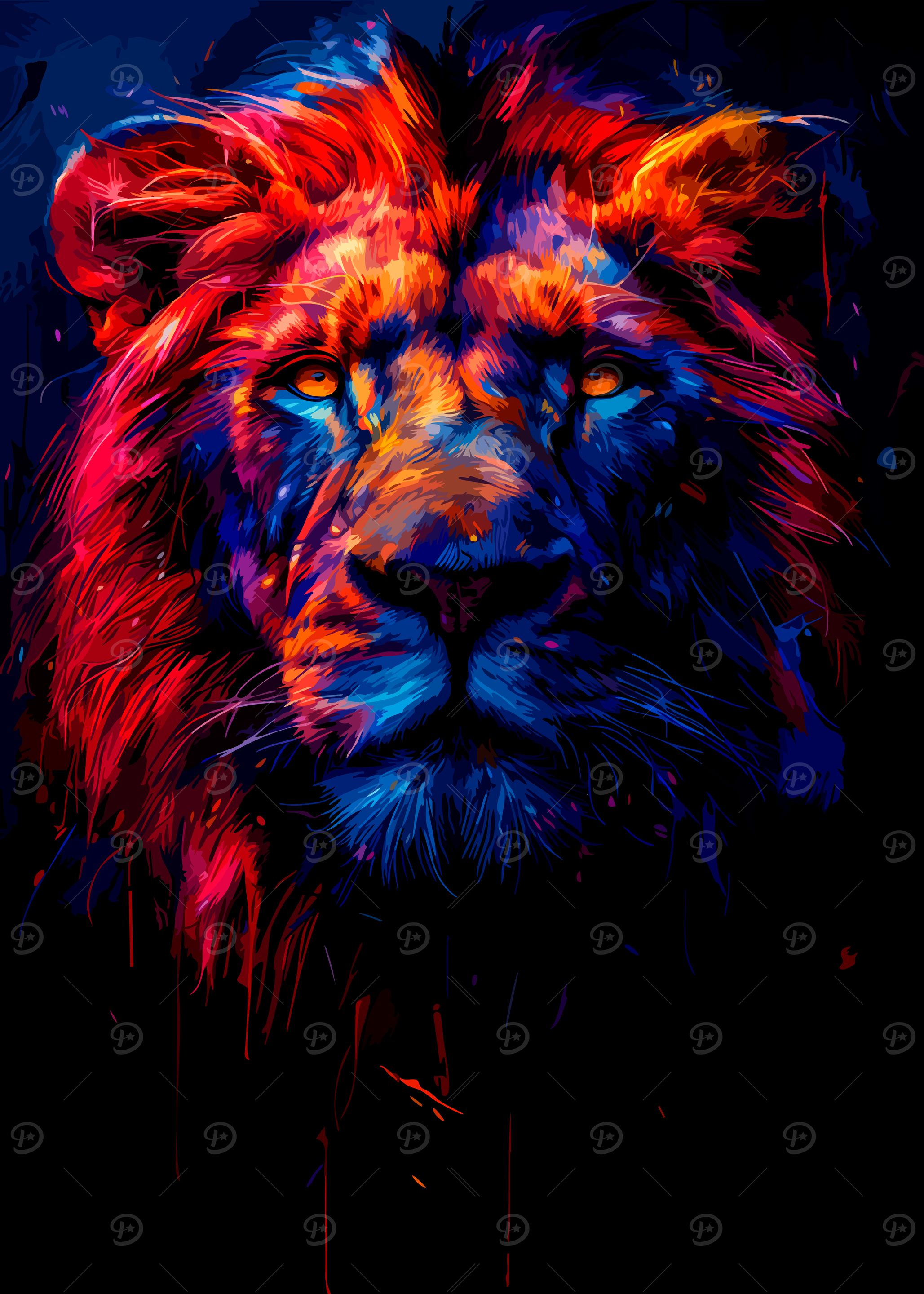 Colorful Lion Portrait on Black Background
