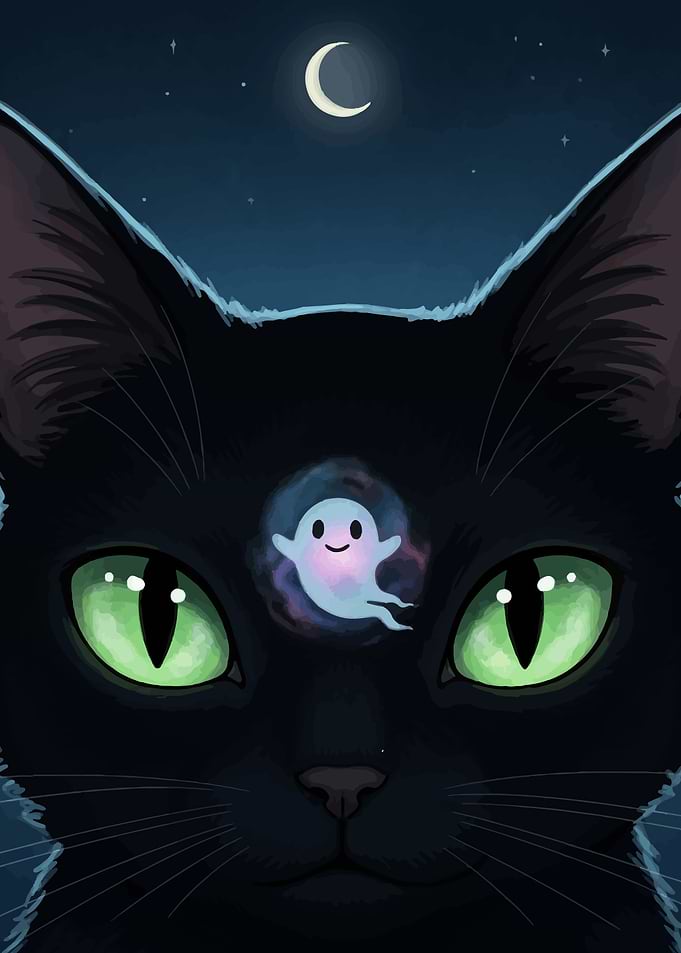 Black Cat with Ghost and Moon