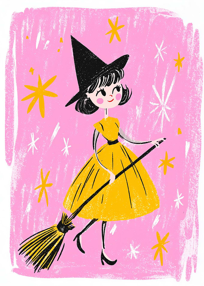 Retro Witch Illustration on Pink Background