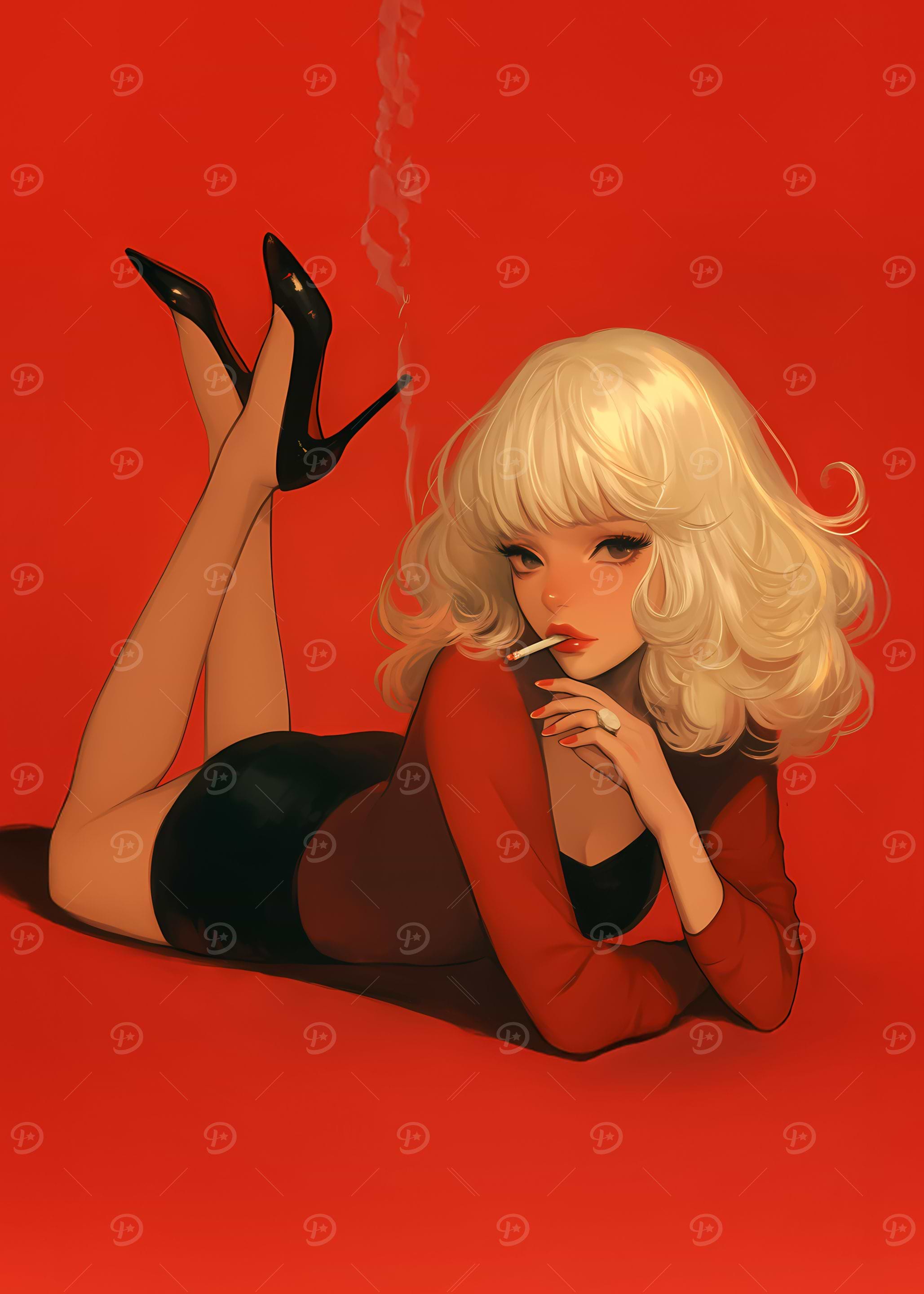 Blonde Woman Smoking on Red Background