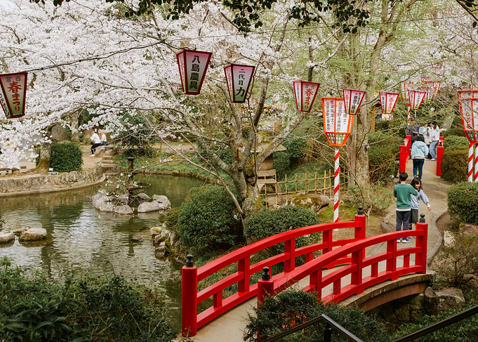 Japanese Garden with Red Bridge