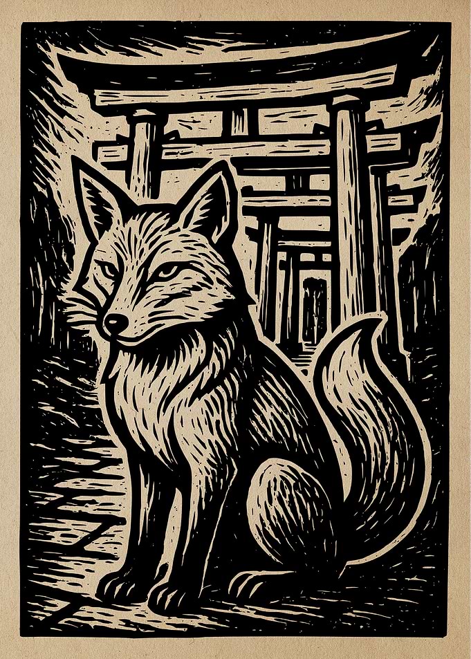 Fox and Torii Gate Woodcut Print