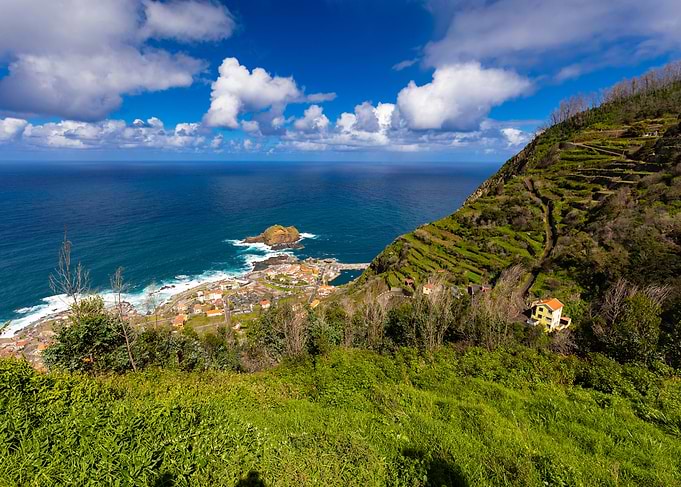 Coastal Village View from Green Hillside, Porto Moniz