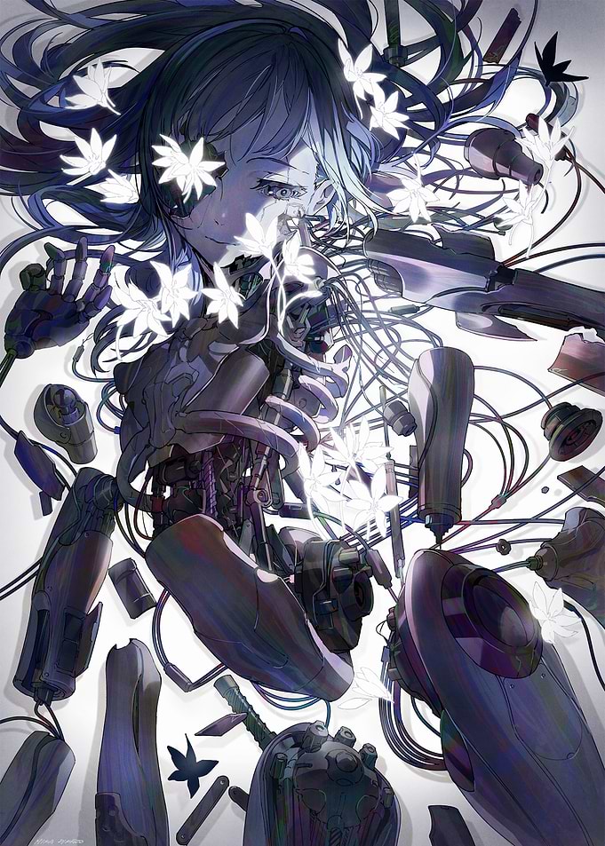 Cyborg Girl with Floral Accents