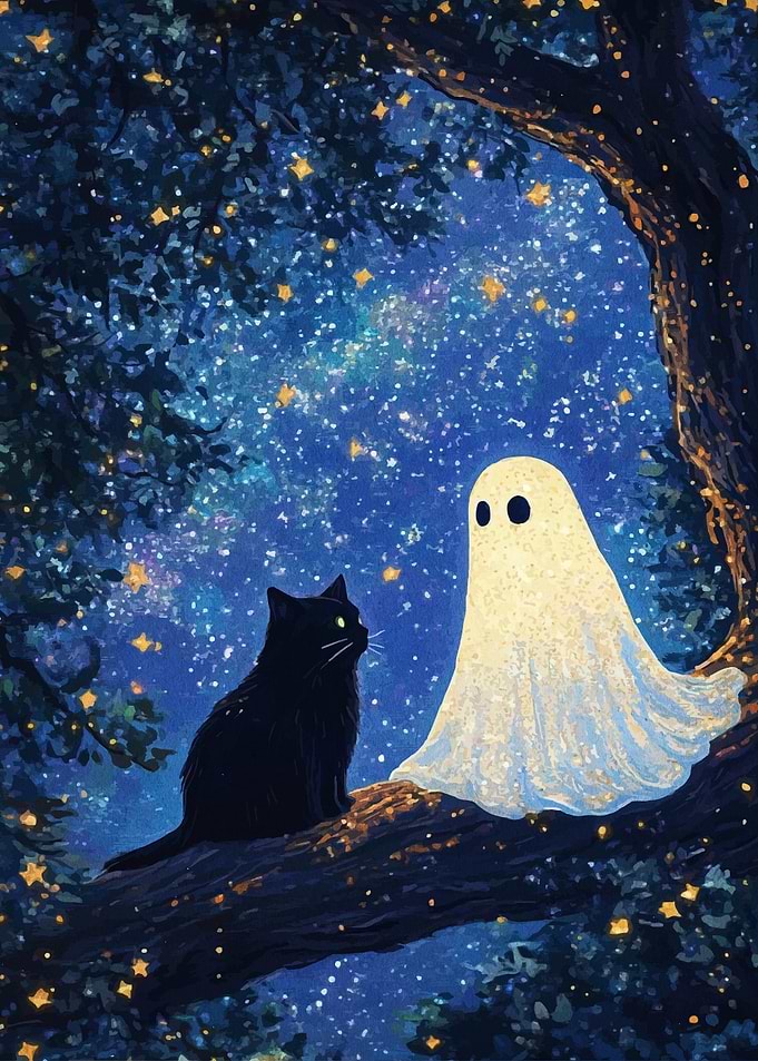 Black Cat and Ghost Under Starry Sky
