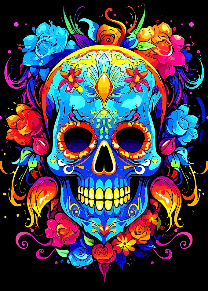 Colorful Sugar Skull with Floral Accents