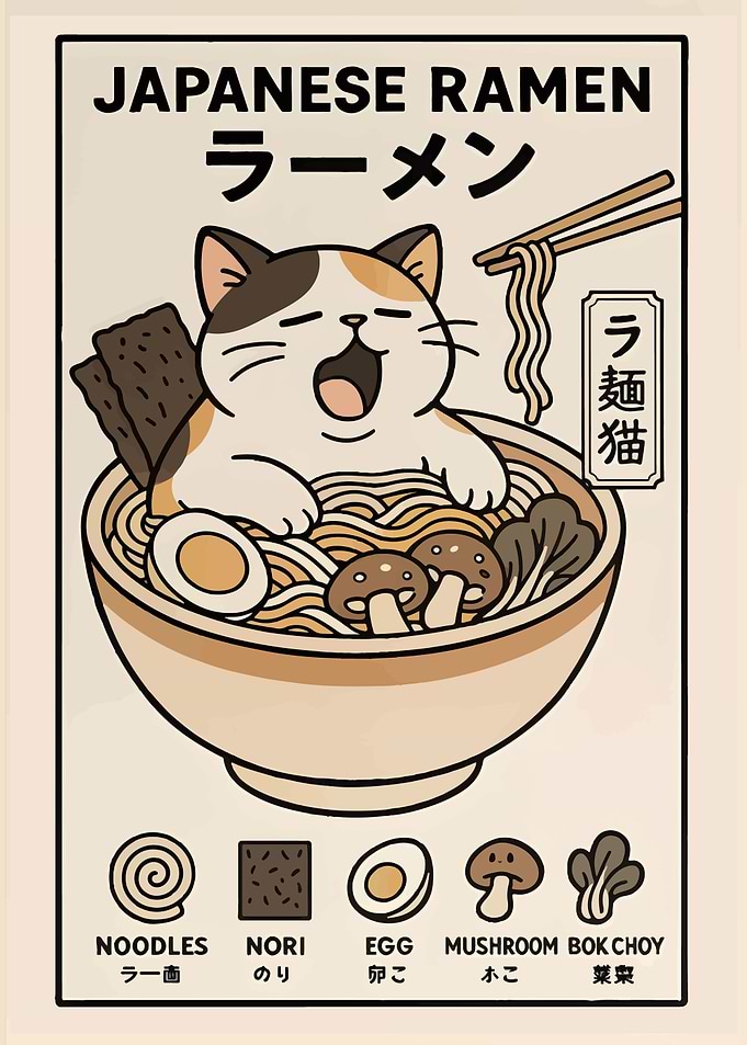 Cat in Ramen Bowl Illustration